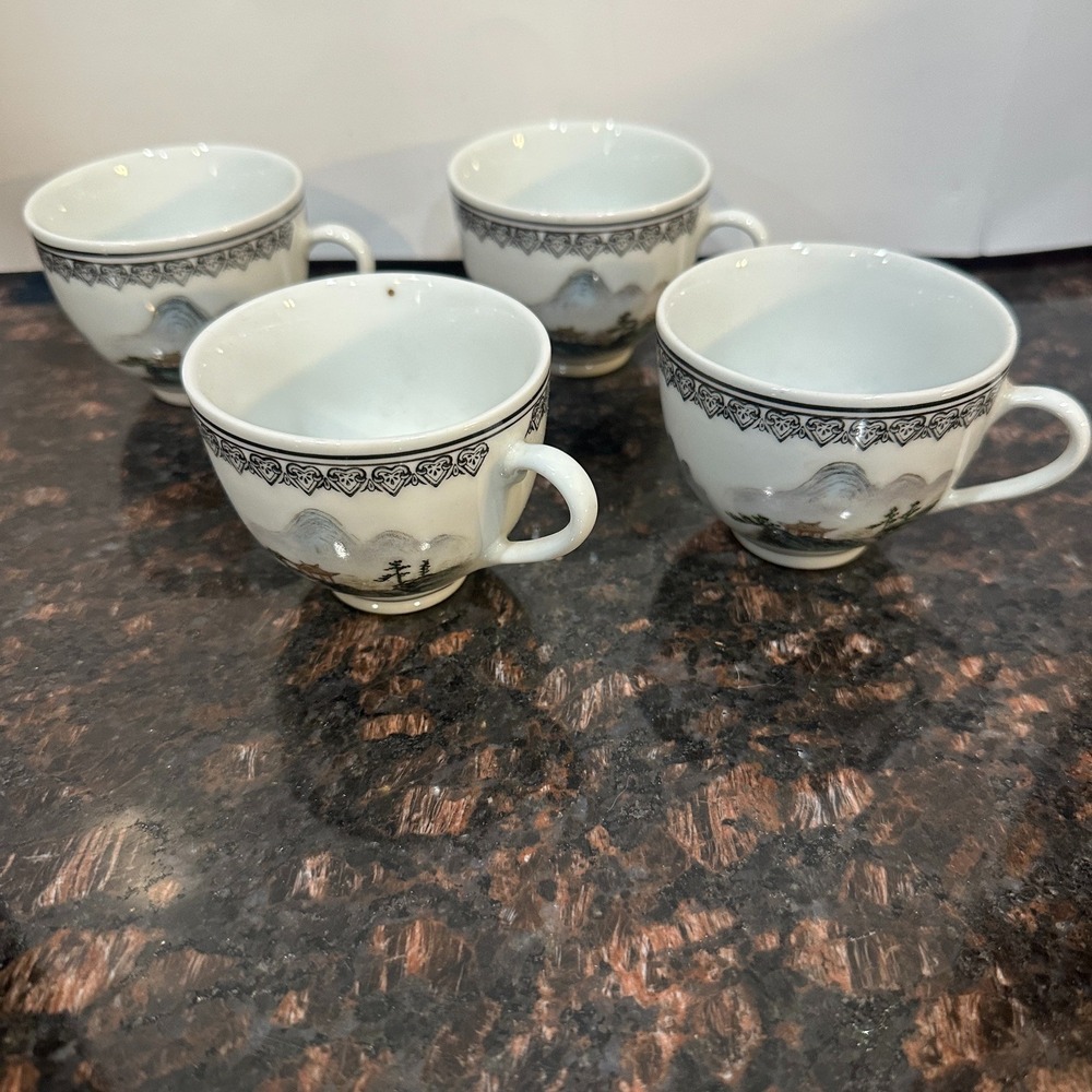 Chinese Porcelain Tea Cups Set of 4 Jingdezhen Landscape Pagoda Motif